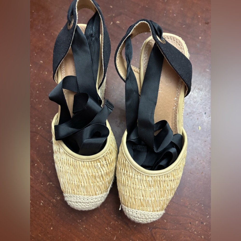 Two tone black platform wedge fabric 4” heel luxury party costal 5 leg tie